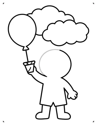 Kleurplaat van een kind dat een grote ballon vasthoudt, met daarboven twee wolken aan de lucht.