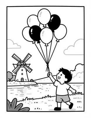 Kleurplaat van een kind dat een bos ballonnen oplaat langs een kanaal met een molen op de achtergrond