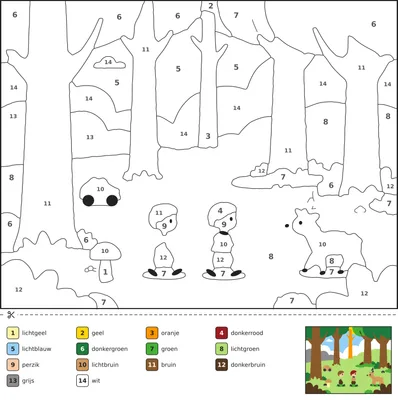 Kleurplaat van een kind dat door een bos wandelt met hoge bomen, paddenstoelen en vriendelijke bosdieren, met nummers in elk vak en een kleurenlegenda onderaan.