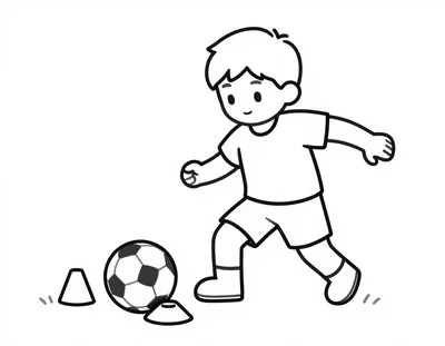 Kleurplaat van een kind in een shirt met een brede verticale band dat een voetbal langs een kleine pion dribbelt op een grasveld.