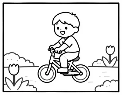 Kleurplaat van een lachend kind op een fiets met zijwieltjes langs een vaart met tulpen
