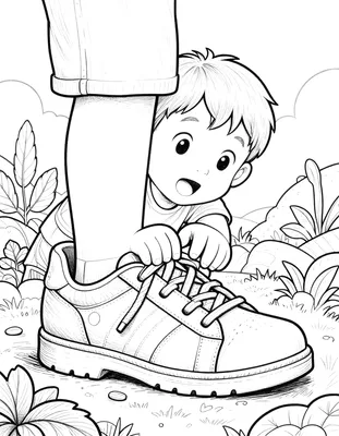 Kleurplaat van een kind dat nieuwsgierig naar een grote schoen met kleine cadeautjes gluurt en de veters vasthoudt.