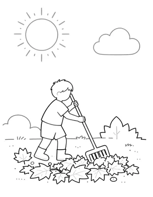 Kleurplaat van een kind dat met een hark een berg herfstbladeren bij elkaar harkt in de tuin, met zon en wolk aan de lucht.