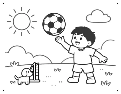 Kleurplaat van een kind in een rood-wit tenue dat een voetbal hoog houdt in een tuin met een goal en een kijkend hondje.