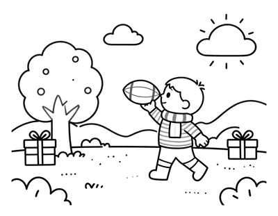 Kleurplaat van een kind in een gestreept shirt en sjaal dat een voetbal kopt in een besneeuwde tuin met een versierde boom en cadeaus