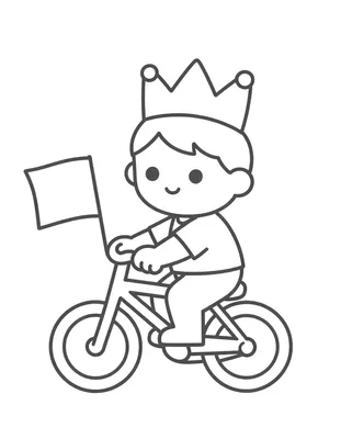 Kleurplaat van een klein kind met een papieren kroon dat op een fiets met een vlag zit, klaar voor een feestelijke optocht.