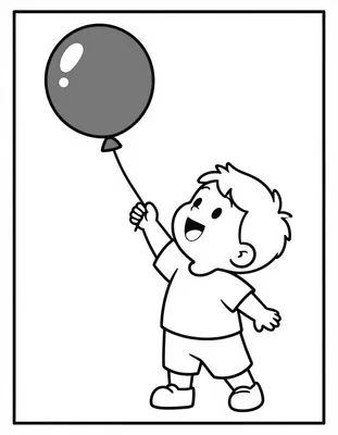 Kleurplaat van een kind dat een rode ballon in de lucht laat opstijgen en blij omhoog kijkt.