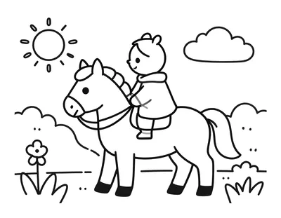 Kleurplaat van een vriendelijk paard met een kind in een warme cape dat langs kinderen met lantaarns rijdt, met zon, wolken en bloemen op de achtergrond.
