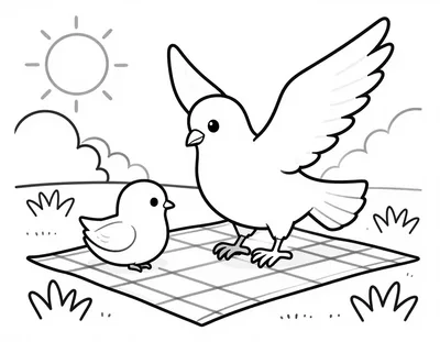 Kleurplaat van een kind op een picknickkleed in een zonnige wei terwijl een duif landt, met Pinksteren als thema.