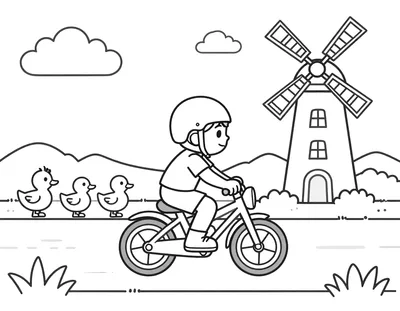 Kleurplaat van een kind op een racefiets met helm en bidon, dat langs een gracht rijdt met eenden en een molen op de achtergrond.