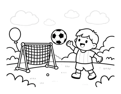 Kleurplaat van een kind in een gestreept voetbalshirt dat een bal in een klein goal schiet tijdens een verjaardagsfeest in de tuin met ballonnen en een sjaal.