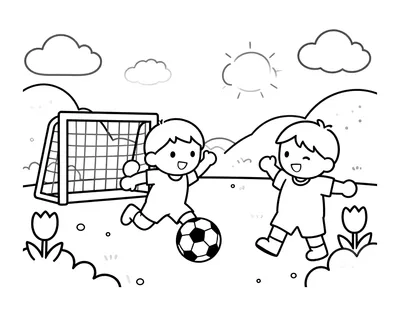 Kleurplaat van een kind dat een voetbal naar een klein goal schiet op een zonnig veld met tulpen langs de hekken