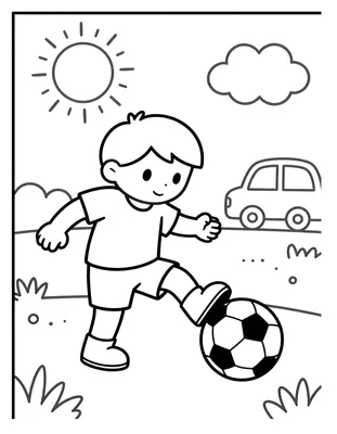 Kleurplaat van een kind dat een voetbal schiet langs een deur met iemand die lekkers vasthoudt, met zon, wolk en auto op de achtergrond.