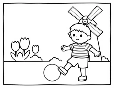 Kleurplaat van een kind in een gestreept shirt dat een bal schopt bij tulpen en een windmolen.
