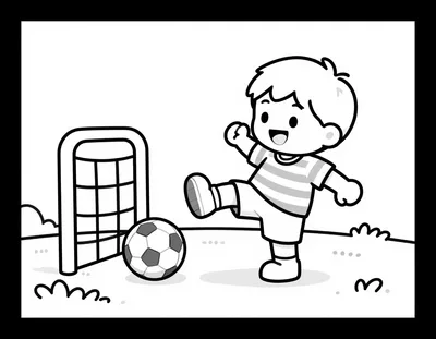 Kleurplaat van een vrolijk kind dat een voetbal naar een goal schopt op een zonnig veld.