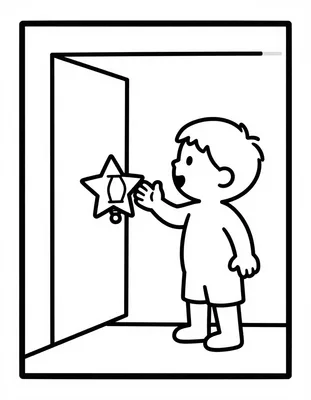 Kleurplaat van een kind dat bij een open deur staat te zingen met een lantaarn in de vorm van een ster.