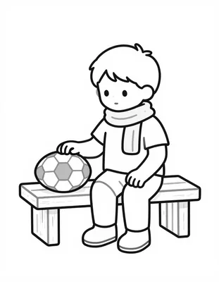 Kleurplaat van een kind met een sjaal dat op een houten bankje een stroopwafel eet, met een voetbal naast zich.
