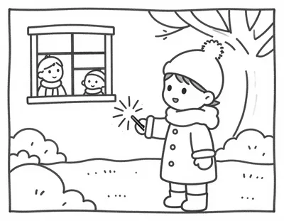Kleurplaat van een kind in winterjas dat een sterretje aansteekt in de sneeuw, terwijl ouders toekijken door het raam