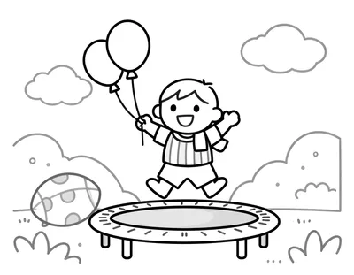 Kleurplaat van een vrolijk kind dat op een trampoline in de tuin springt, met een voetbal bij de voeten en twee ballonnen in de hand.