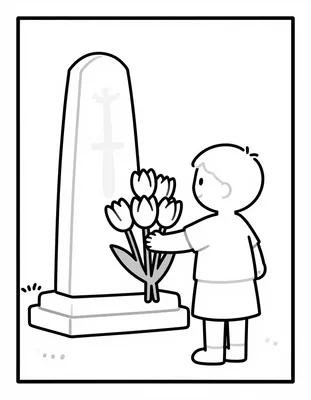 Kleurplaat van een kind dat een bosje tulpen neerlegt bij een stenen oorlogsmonument met een soldatensilhouet.