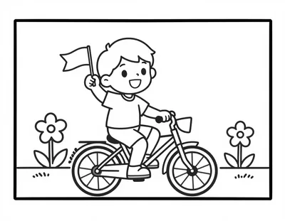 Kleurplaat van een lachend kind op een fiets met bloemen en slingers, dat met een vlaggetje zwaait.