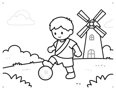 Kleurplaat van een vrolijk kind dat een voetbal schopt op een koude Sint-Maartenavond met lampions en een molen op de achtergrond.