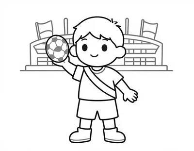 Kleurplaat van een kind in sporttenue met een diagonale sjerp dat een voetbal vasthoudt voor een klein stadion met vlaggen.