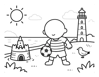 Kleurplaat van een kind in een gestreept voetbalshirt met een bal op een zandstrand, met een zandkasteel, een vuurtoren en een meeuw