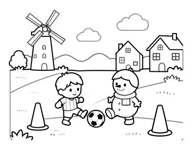 Kleurplaat van een kind in een gestreept voetbalshirt dat een bal tussen twee pionnen schiet, met een sneeuwpop, huisjes en een molen op de achtergrond.