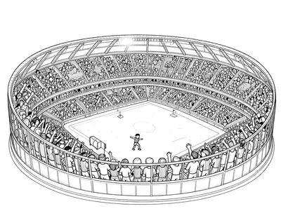 Kleurplaat van een uitverkocht voetbalstadion waarin een kind in een gestreept shirt met de bal langs de cornervlag dribbelt.