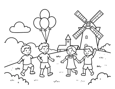 Kleurplaat van vier vrolijke kinderen die ballonnen oplaten op een heuvel, met een windmolen en kerktoren op de achtergrond
