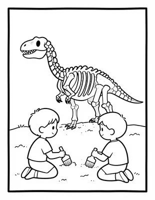 Kleurplaat van twee kinderen die knielen bij een dinosaurus skelet in een zandkuil en de botten voorzichtig afstoffen met kwastjes.