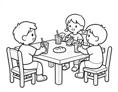 Kleurplaat van drie kinderen die aan een lange houten tafel broodjes en limonade delen tijdens een straatfeest.