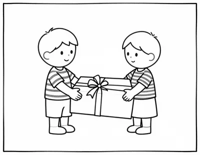 Kleurplaat van twee kinderen in gestreepte shirts die samen een groot ingepakt cadeau met een strik vasthouden.