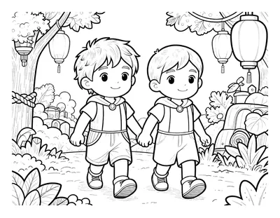 Kleurplaat van twee kinderen in kostuum die hand in hand over een pad met lantaarns lopen, omringd door bomen en struiken.
