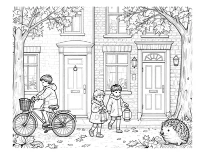 Kleurplaat van kinderen in warme jassen die met zelfgemaakte lampionnen langs deuren lopen in een herfststraat met fietsen, gevallen bladeren en een egel.