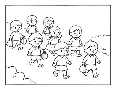 Kleurplaat van een groep kinderen die met lampions en papieren zakken langs de deuren loopt