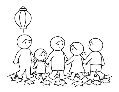 Kleurplaat van een groep kinderen die hand in hand met een lantaarn door gevallen herfstbladeren lopen.