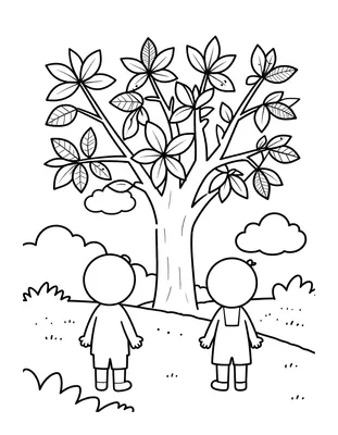 Kleurplaat met twee kinderen die onder een grote boom staan, met bladeren aan de takken, wolken en graspollen op de achtergrond.