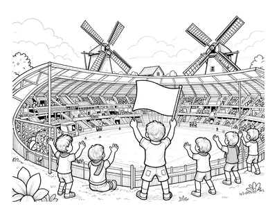 Kleurplaat van juichende kinderen in oranje sjaals voor een goal in een stadion, met een groot wapperend vlag en molens en grachtenpanden op de achtergrond.