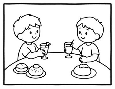 Kleurplaat van twee kinderen die met glazen limonade proosten aan een feestelijke tafel met oliebollen en appelflappen