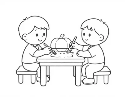 Kleurplaat van twee kinderen die met penselen een pompoen beschilderen aan een tafel buiten.