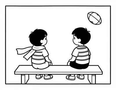 Kleurplaat van twee kinderen in gestreepte shirts die op een bankje een sjaal delen en naar een voetbal kijken.