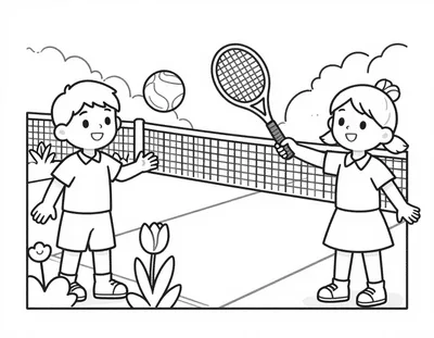 Kleurplaat van een jongen en een meisje die tennis spelen op een gravelbaan met tulpen en een grachtbrug op de achtergrond