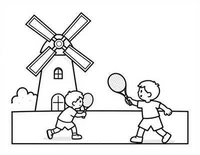 Kleurplaat van twee kinderen die een tenniswedstrijd spelen op een baan met een molen op de achtergrond.