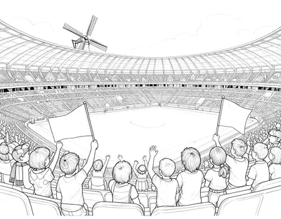 Kleurplaat van kinderen met sjaals en vlaggen op de tribune van een groot stadion, met een molen en grachtenpanden achter de opening.
