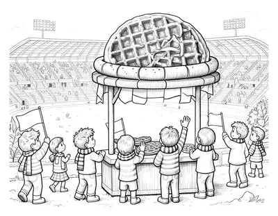 Kleurplaat van kinderen met sjaals en gestreepte shirts die met vlaggen zwaaien bij een stroopwafelkraam voor een vol stadion.