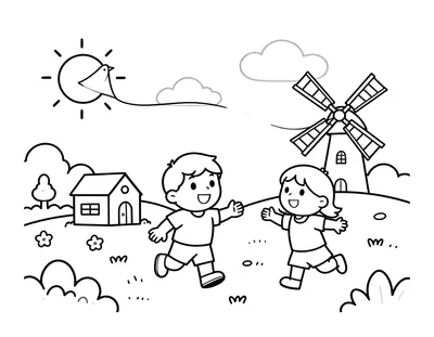Kleurplaat van een jongen en een meisje die een vlieger in de vorm van een duif oplaten boven een bloeiende weide met een kerkje en een molen.