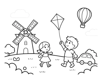 Kleurplaat van een jongen en een meisje die op een heuvel een vlieger oplaten, met een molen, kerktoren, luchtballonnen en een auto op de achtergrond.