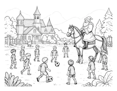 Kleurplaat van voetballende kinderen in gestreepte shirts op een besneeuwd plein, terwijl Sinterklaas op een paard toekijkt bij een kerk.